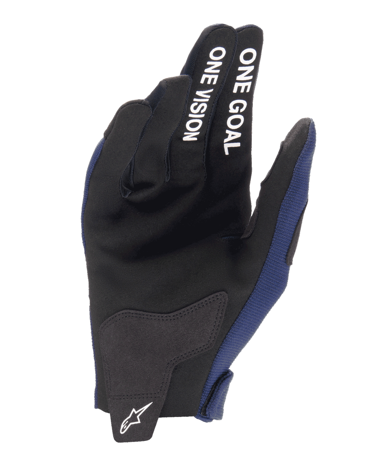 Alpinestars 2025 Radar Handschuhe, Motocross-Handschuhe, Night Navy und Weiß, Handflächenansicht mit Verstärkungen aus synthetischem Wildleder, weißer „ONE GOAL ONE VISION“ Text auf den Fingern, weißes Alpinestars-Logo auf der Verschlusslasche