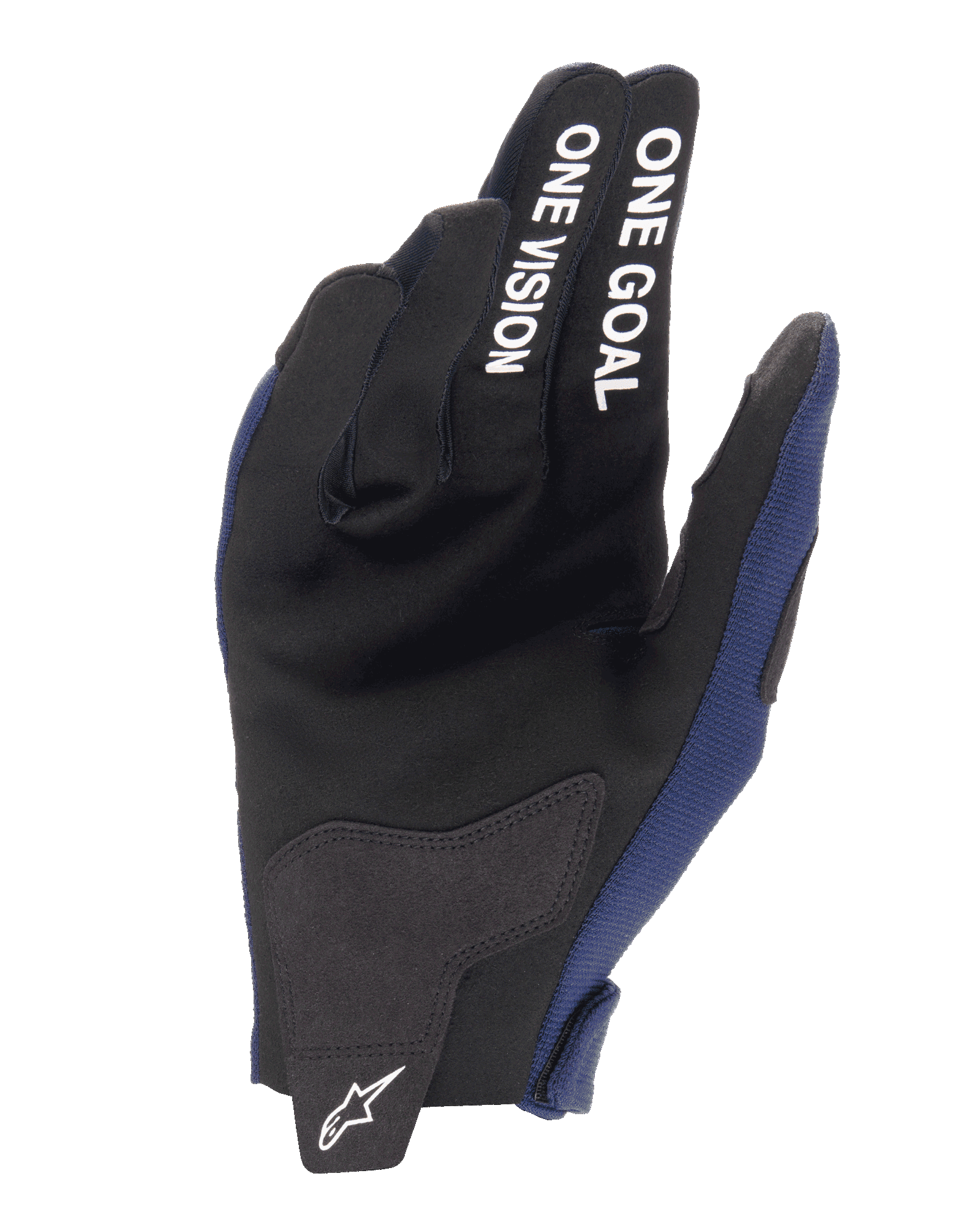 Alpinestars 2025 Radar Handschuhe, Motocross-Handschuhe, Night Navy und Weiß, Handflächenansicht mit Verstärkungen aus synthetischem Wildleder, weißer „ONE GOAL ONE VISION“ Text auf den Fingern, weißes Alpinestars-Logo auf der Verschlusslasche