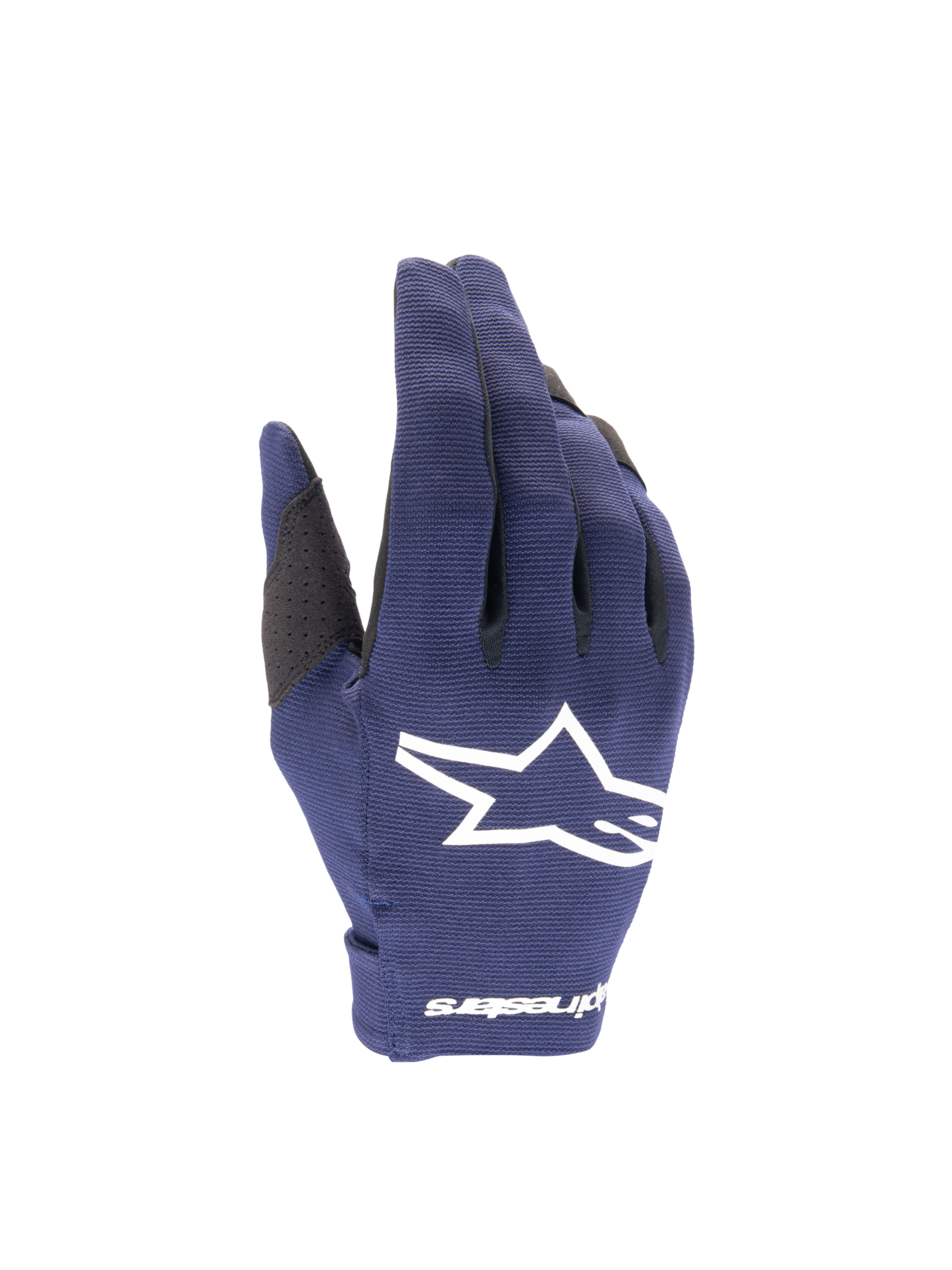 Alpinestars 2025 Radar Herren-Motocross-Handschuhe, Nachtmarine und Weiß, leichtes Stretch-Textil mit weißem Stern-Logo.