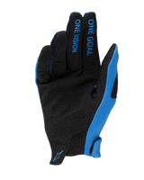 Alpinestars 2025 Radar Handschuhe, Motocross-Handschuhe, Blau und Schwarz, Handflächenansicht mit synthetischem Wildleder, „ONE GOAL ONE VISION“-Schriftzug auf den Fingern, blaue Seitenteile und kleines Logo am Handgelenk, leichtes Offroad-Renndesign