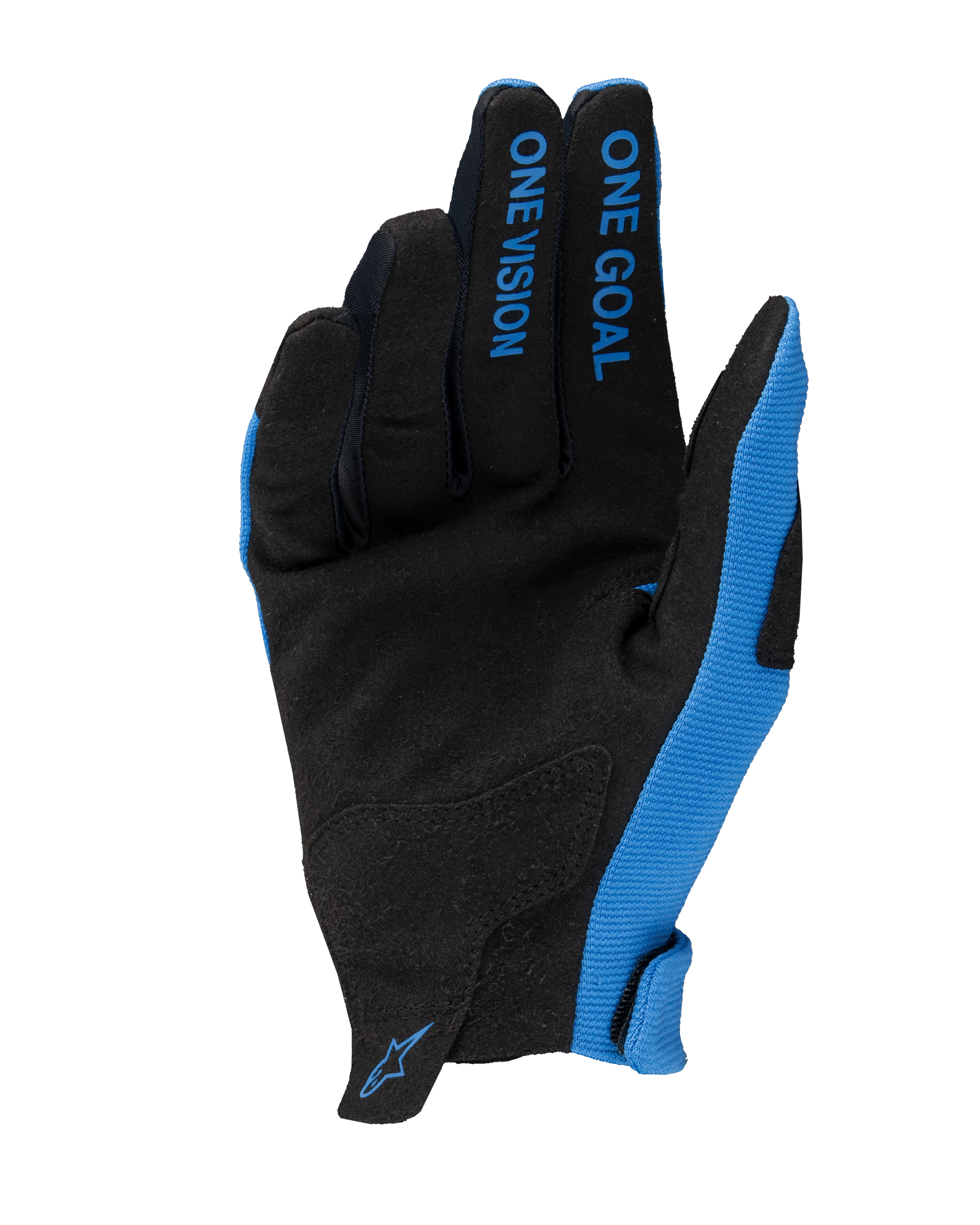 Alpinestars 2025 Radar Handschuhe, Motocross-Handschuhe, Blau und Schwarz, Handflächenansicht mit synthetischem Wildleder, „ONE GOAL ONE VISION“-Schriftzug auf den Fingern, blaue Seitenteile und kleines Logo am Handgelenk, leichtes Offroad-Renndesign