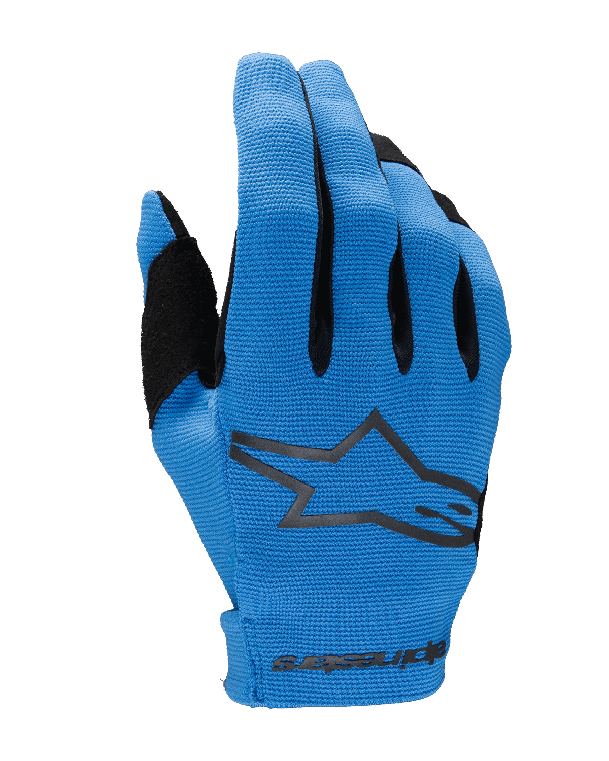 Alpinestars 2025 Radar Handschuhe, Motocross-Handschuhe, Blau und Schwarz, Ansicht der Oberhand mit strukturiertem Stretch-Gewebe, großem schwarzen Alpinestars Stern-Logo, verstärktem Daumenbereich und nahtlosem Handgelenkverschluss mit Branding