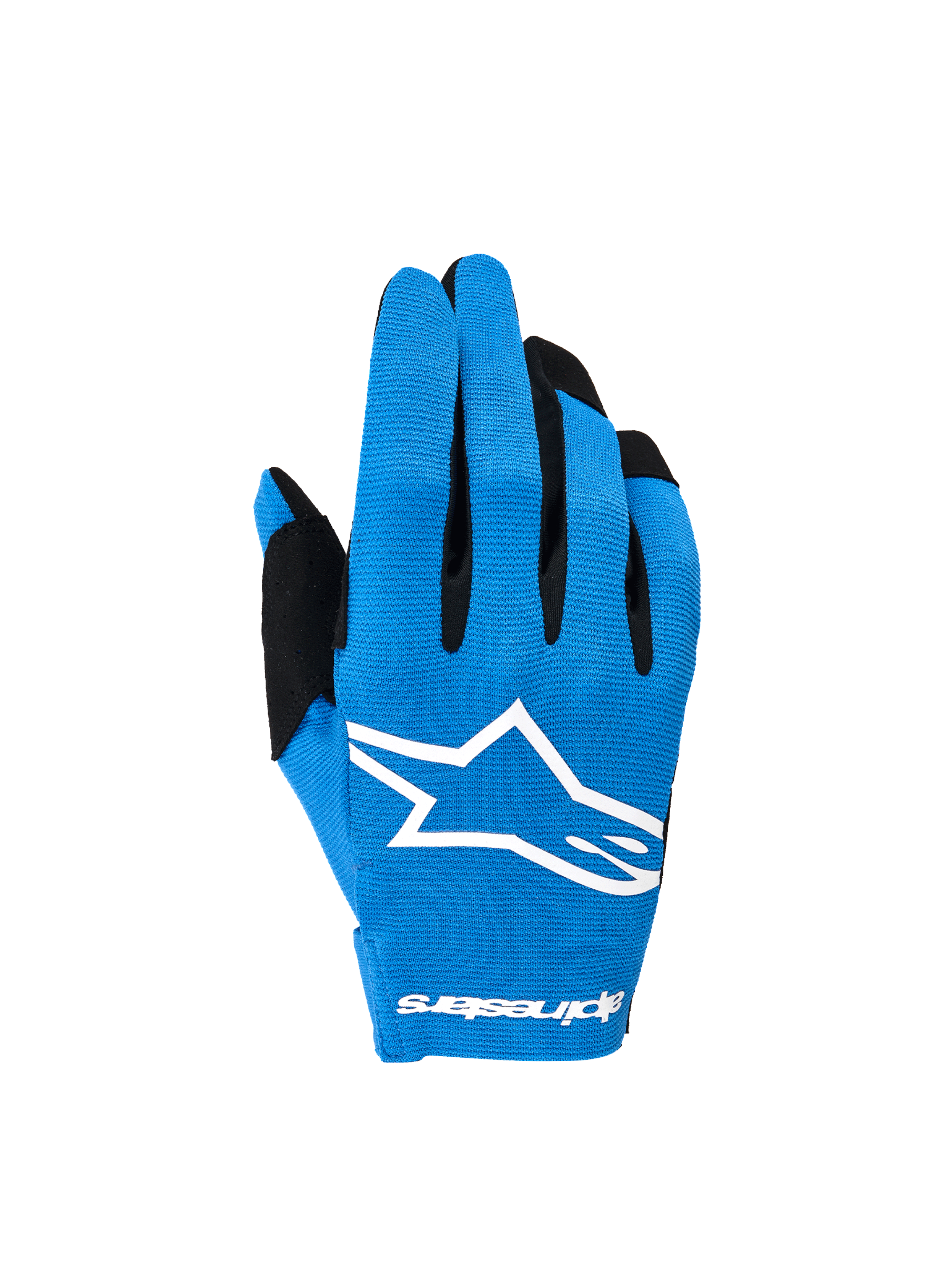 Alpinestars 2026 Radar Gloves, Men's blue and white motocross gloves with stretch backhand and white sublimated Astars logo.
