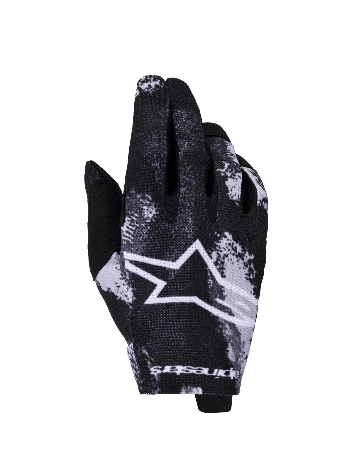 Alpinestars 2026 Radar Handschuhe, Motocross-Handschuhe, Iron Camo Schwarz und Weiß, mit großem weißen Stern-Logo, sublimiertes Camouflage-Muster, leichtes Stretch-Gewebe für den Offroad-Rennsport