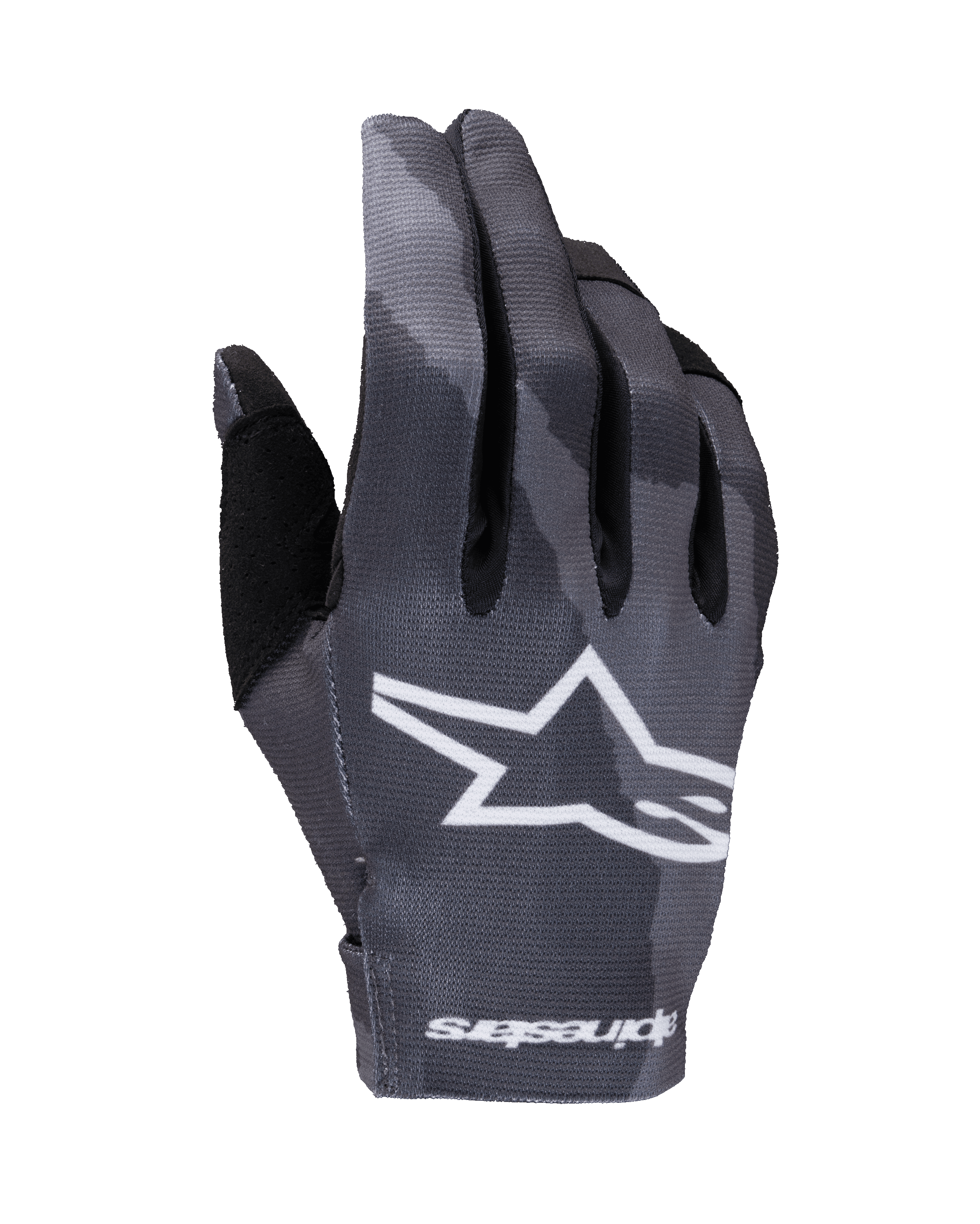 Alpinestars 2025 Radar Handschuhe, Motocross-Handschuhe, Dark Camo-Muster in Grautönen, mit großem weißem Stern-Logo auf dem Handrücken und Alpinestars-Schriftzug am Bündchen, leichte Stretch-Konstruktion für Offroad-Performance