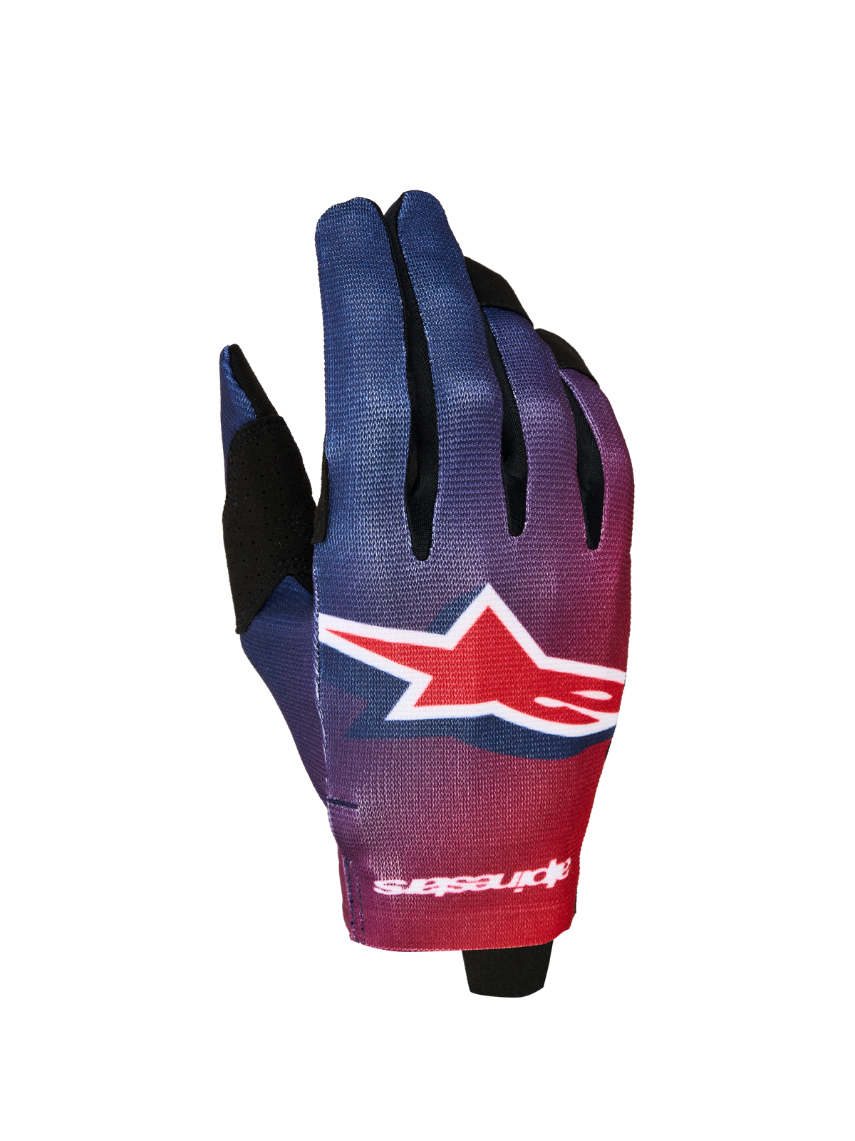 Alpinestars Radar Handschuhe 2027, Motocross-Handschuhe für Herren, Rot und Blau mit Farbverlauf, großes weißes Stern-Logo, leichte Konstruktion.