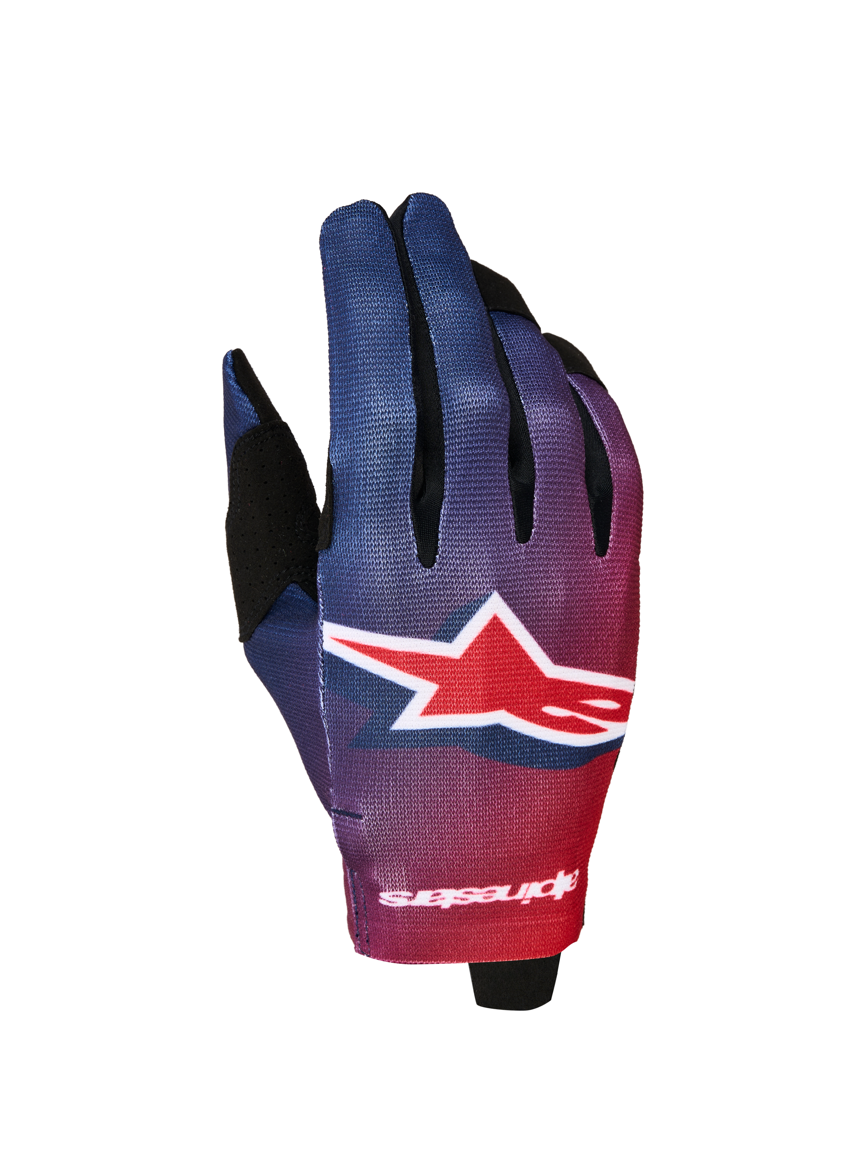 Alpinestars Radar Handschuhe 2027, Motocross-Handschuhe für Herren, Rot und Blau mit Farbverlauf, großes weißes Stern-Logo, leichte Konstruktion.