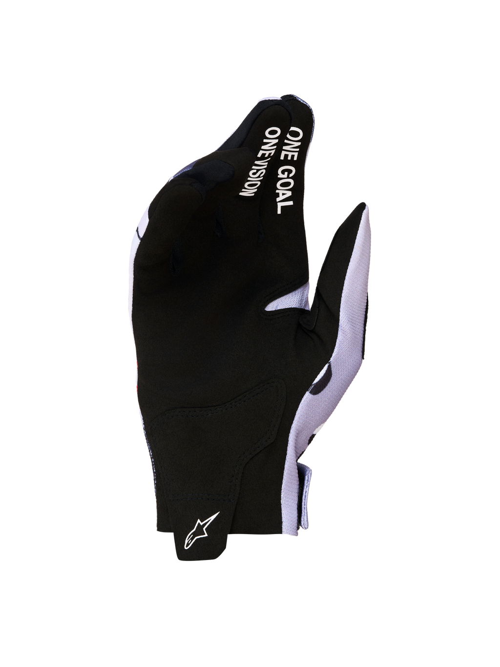 Alpinestars Radar Handschuhe 2027, schwarz-graue Motocross-Handschuhe mit synthetischer Wildlederhandfläche und One Goal One Vision Branding.