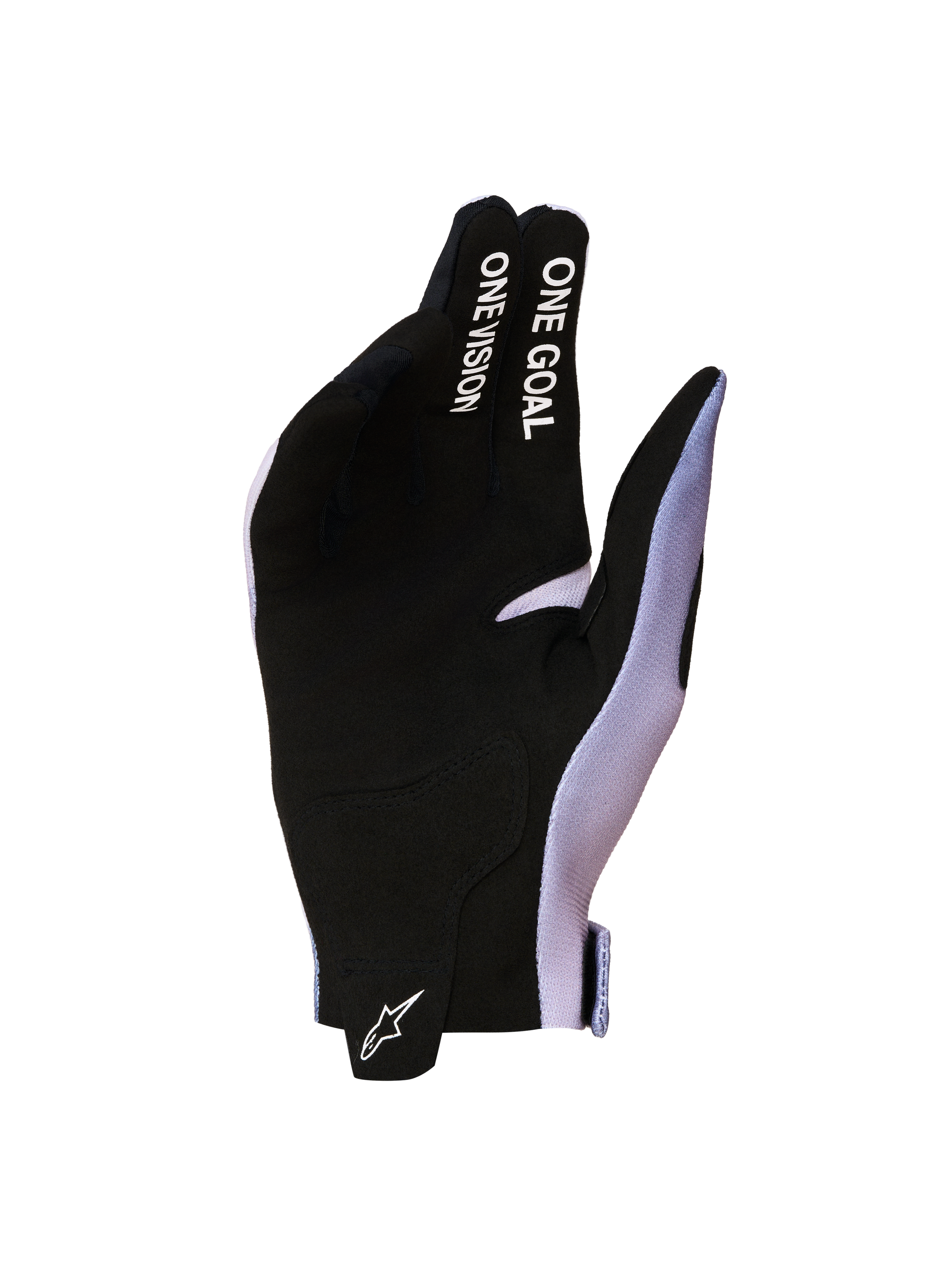 Alpinestars Radar Handschuhe 2027, MX-Handschuhe, Schwarz und Lila, synthetisches Wildleder, One Goal One Vision Schriftzug.