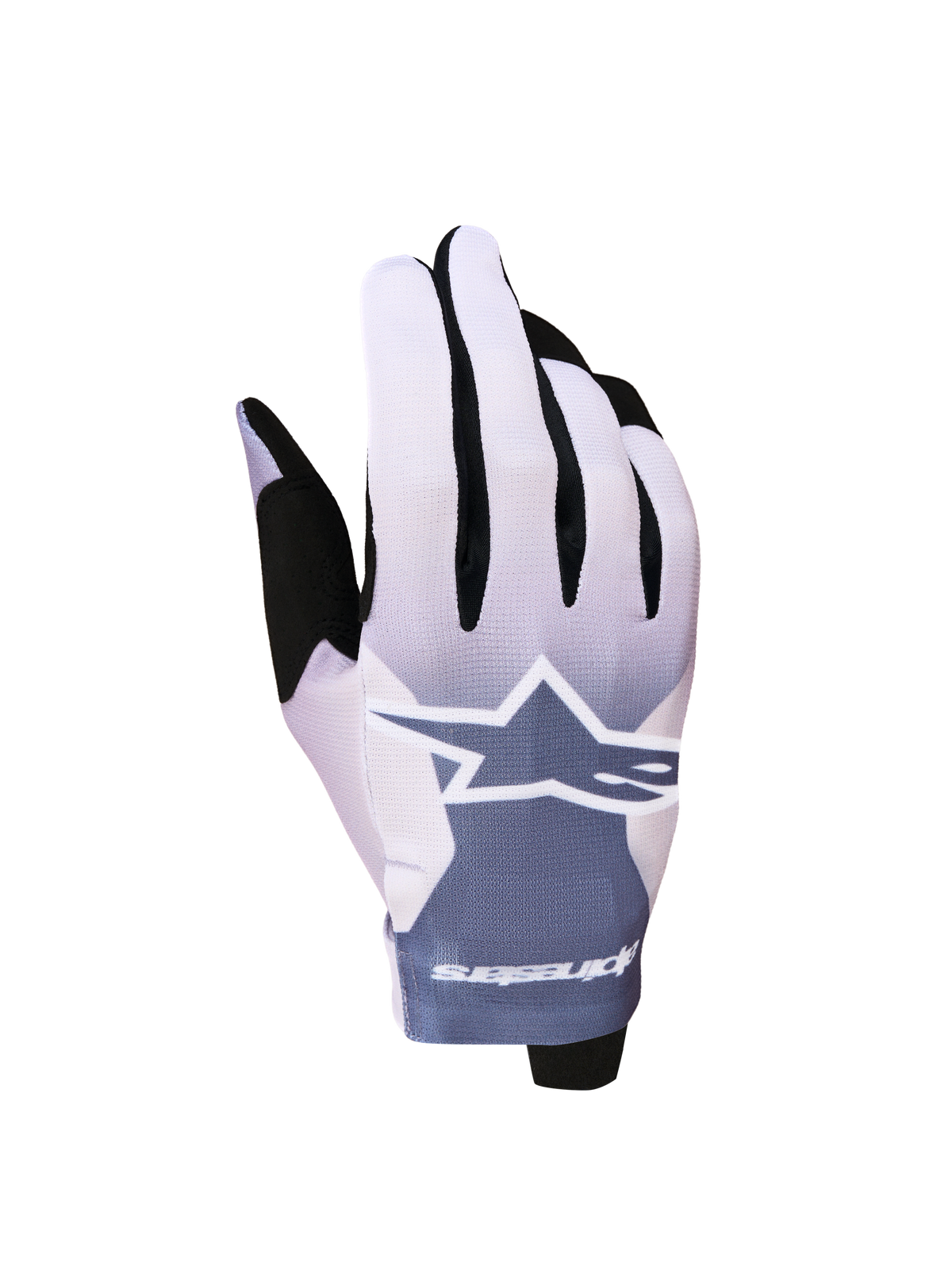 Alpinestars Radar Handschuhe 2027, leichte Motocrosshandschuhe in Grau und Helllila mit weißem Stern-Logo.