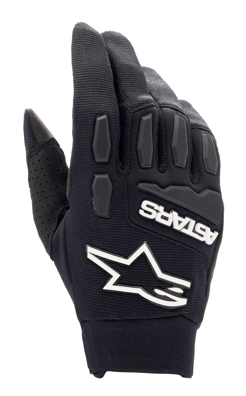 Alpinestars Full Bore XT Handschuhe, schwarze Motocross-Handschuhe, markantes weißes Alpinestars Stern-Logo und ASTARS-Branding, strukturierter TPR-Knöchel- und Fingerschutz, atmungsaktives Stretchgewebe mit perforiertem Daumenbereich, entwickelt für Enduro- und Offroad-Fahrten