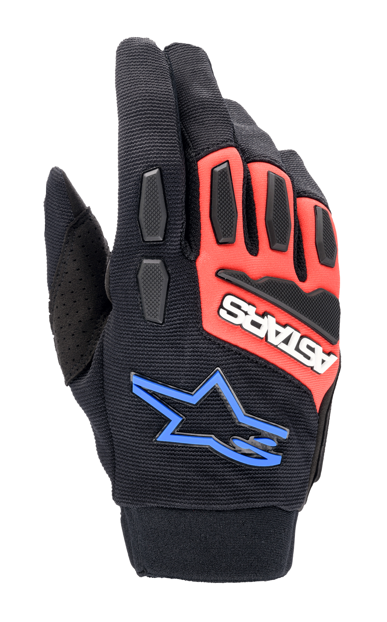 Alpinestars Full Bore XT Gloves, Off-Road Motorcycle Gloves, Black Bright Red and Blue, featuring TPR knuckle and finger protection, breathable stretch fabric, white ASTARS logo on red panel, and blue star logo