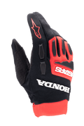 Alpinestars Honda Full Bore Gloves, Motocross Gloves, Bright Red and Black, bold white Honda and Astars branding, TPR knuckle guards, breathable stretch textile construction, and red star logo on finger, sporty off-road racing design