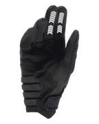 Alpinestars Techdura Gloves, Enduro Gloves, Black, palm view featuring synthetic suede construction, white chevron graphics on index and middle fingers, reinforced padded palm, and hook and loop wrist strap