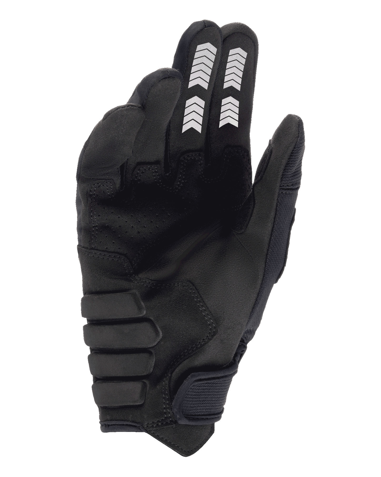 Alpinestars Techdura Gloves, Enduro Gloves, Black, palm view featuring synthetic suede construction, white chevron graphics on index and middle fingers, reinforced padded palm, and hook and loop wrist strap