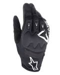Alpinestars Techdura Gloves, Enduro Motorcycle Gloves, Black with white Alpinestars logo, viscoelastic knuckle protection, TPR finger inserts, breathable mesh and stretch textile construction, off-road riding gear