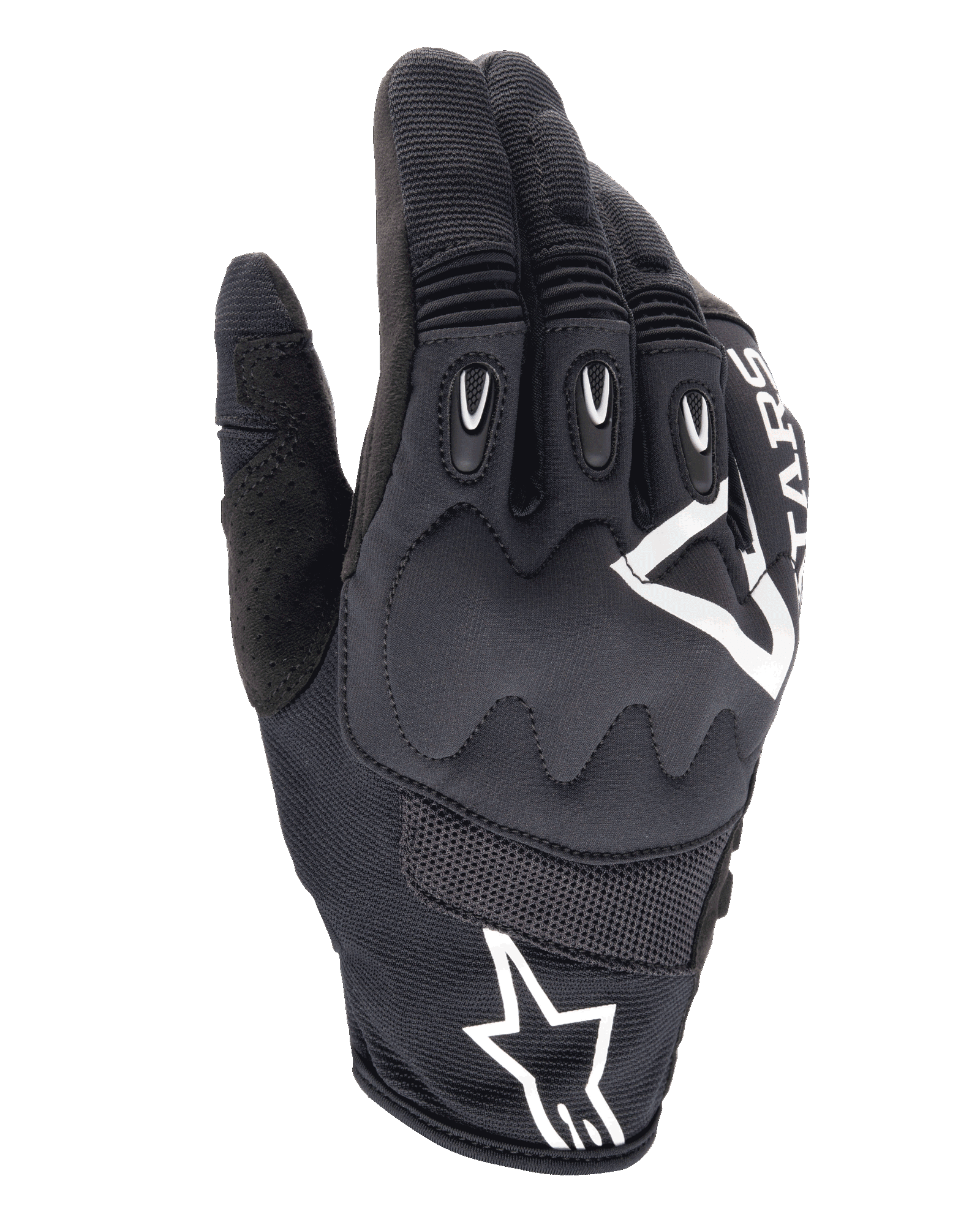 Alpinestars Techdura Gloves, Enduro Motorcycle Gloves, Black with white Alpinestars logo, viscoelastic knuckle protection, TPR finger inserts, breathable mesh and stretch textile construction, off-road riding gear