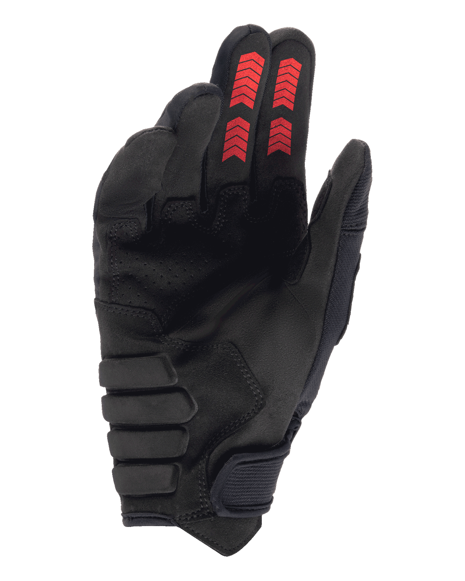 Alpinestars Techdura Gloves, Off-road Enduro Gloves, Black with Fire Red, palm side view featuring reinforced synthetic suede, red chevron graphics on fingertips, and hook-and-loop wrist closure.