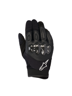 Alpinestars Megawatt V2 Gloves, Motocross and Enduro Gloves, Black, featuring a hard knuckle protector with carbon-look finish, perforated leather top hand for breathability, white Alpinestars logo on the cuff, durable off-road protection