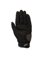 Alpinestars Megawatt V2 Handschuhe, Motocross- und Enduro-Handschuhe, Schwarz, Handflächenansicht mit verstärkten Daumen- und Handflächenbereichen, perforierten Details für Luftzirkulation und einem Klettverschluss am Handgelenk mit Alpinestars-Logo.