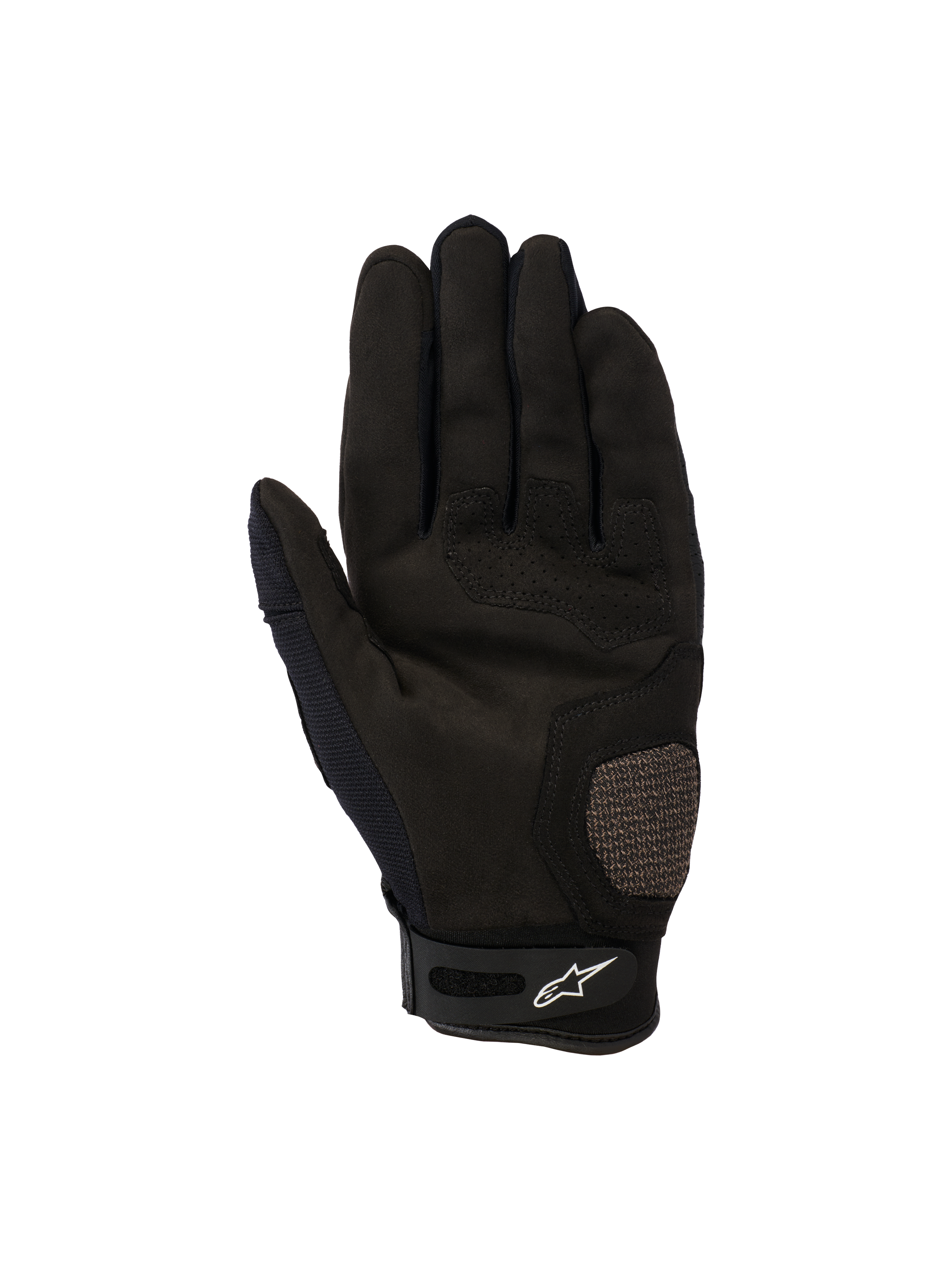 Alpinestars Megawatt V2 Handschuhe, Motocross- und Enduro-Handschuhe, Schwarz, Handflächenansicht mit verstärkten Daumen- und Handflächenbereichen, perforierten Details für Luftzirkulation und einem Klettverschluss am Handgelenk mit Alpinestars-Logo.