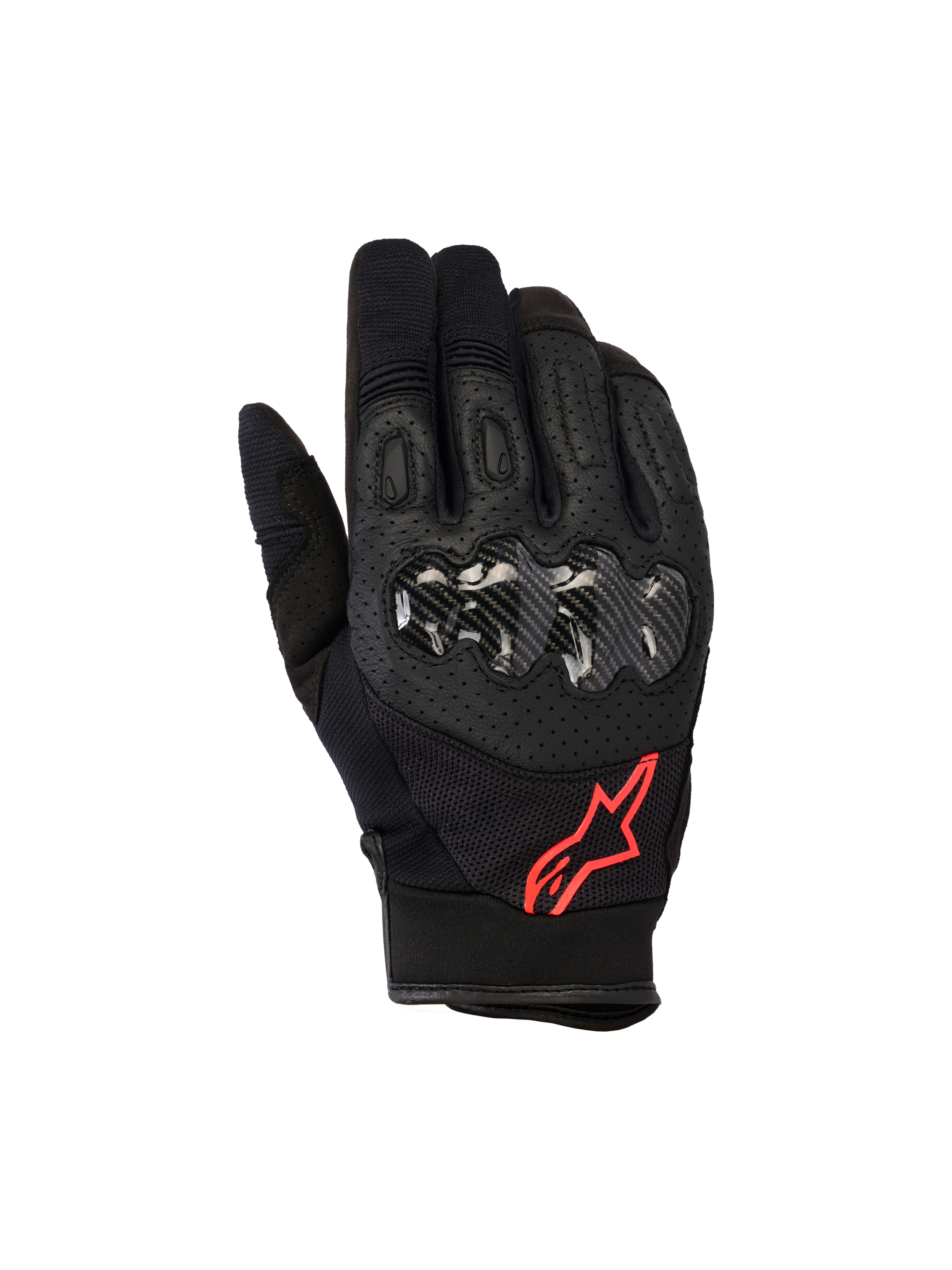 Alpinestars Megawatt V2 Handschuhe, Motocross-Handschuhe, Schwarz und Fluo-Rot, mit Hartschalen-Knöchelschutz in Carbon-Optik, perforiertem Leder zur Belüftung und rotem Stern-Logo, strapazierfähige Offroad-Ausrüstung