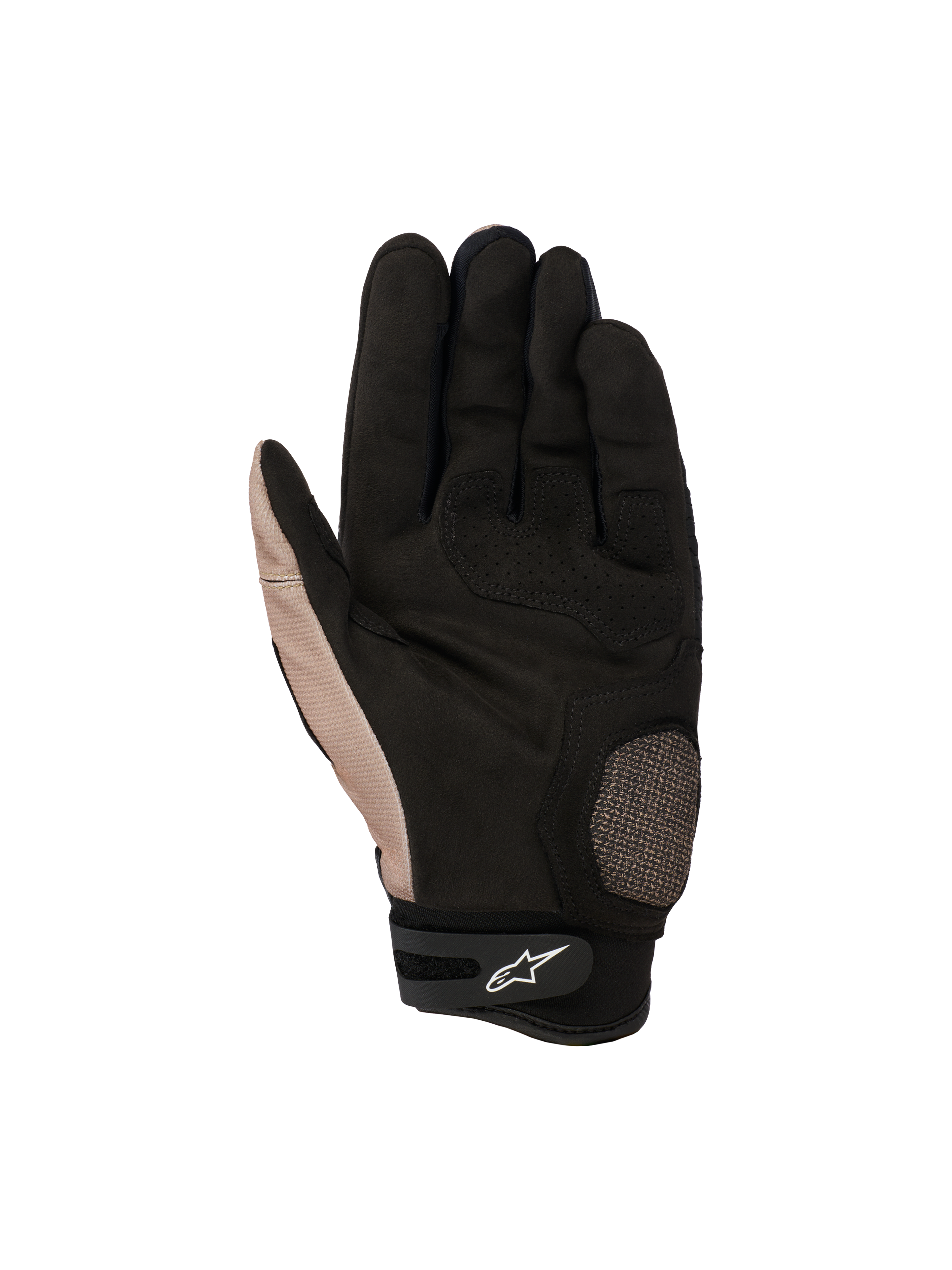 Alpinestars Megawatt V2 Handschuhe, Offroad-Motocross-Handschuhe, Stone Black, Handflächenansicht mit verstärktem Daumen- und Handflächenbereich, strukturierter Grifffläche und Klettverschluss am Handgelenk mit weißem Alpinestars-Logo.