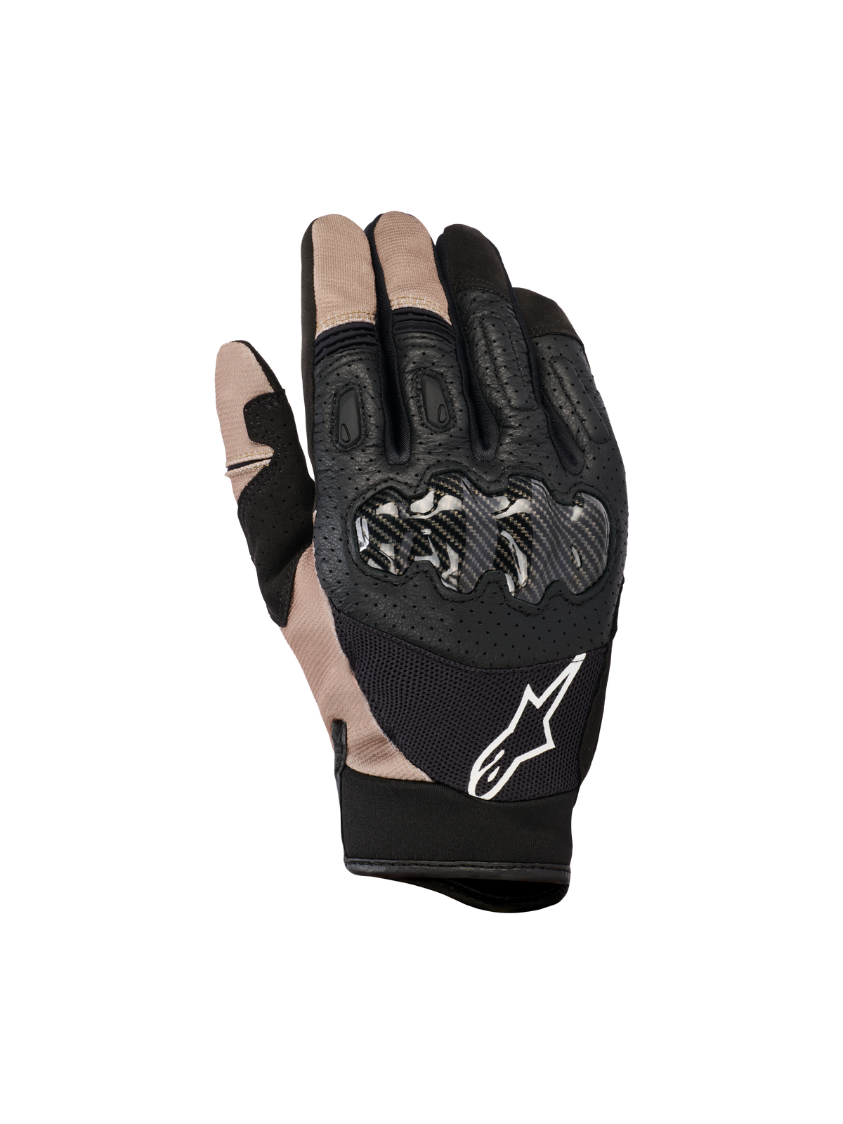 Alpinestars Megawatt V2 Handschuhe, Motocross- und Enduro-Handschuhe, Stone Black und Beige, Carbonfaser-Knöchelschutz, Konstruktion aus perforiertem Leder und Mesh, weißes Alpinestars Logo
