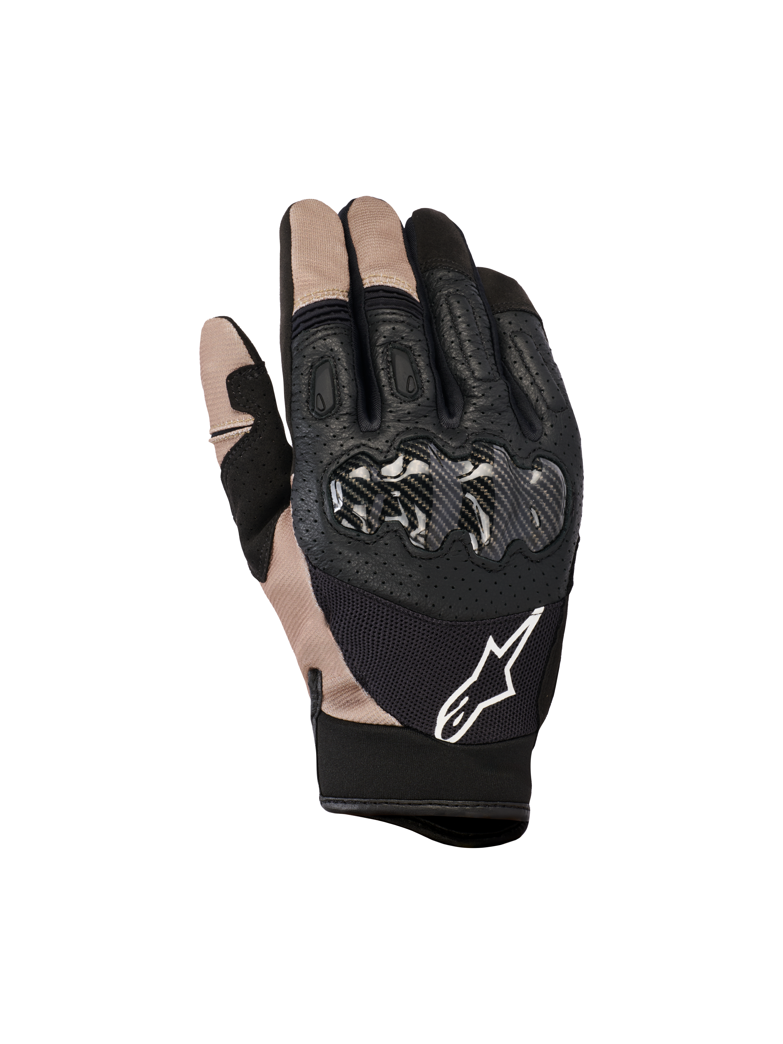 Alpinestars Megawatt V2 Handschuhe, Motocross- und Enduro-Handschuhe, Stone Black und Beige, Carbonfaser-Knöchelschutz, Konstruktion aus perforiertem Leder und Mesh, weißes Alpinestars Logo