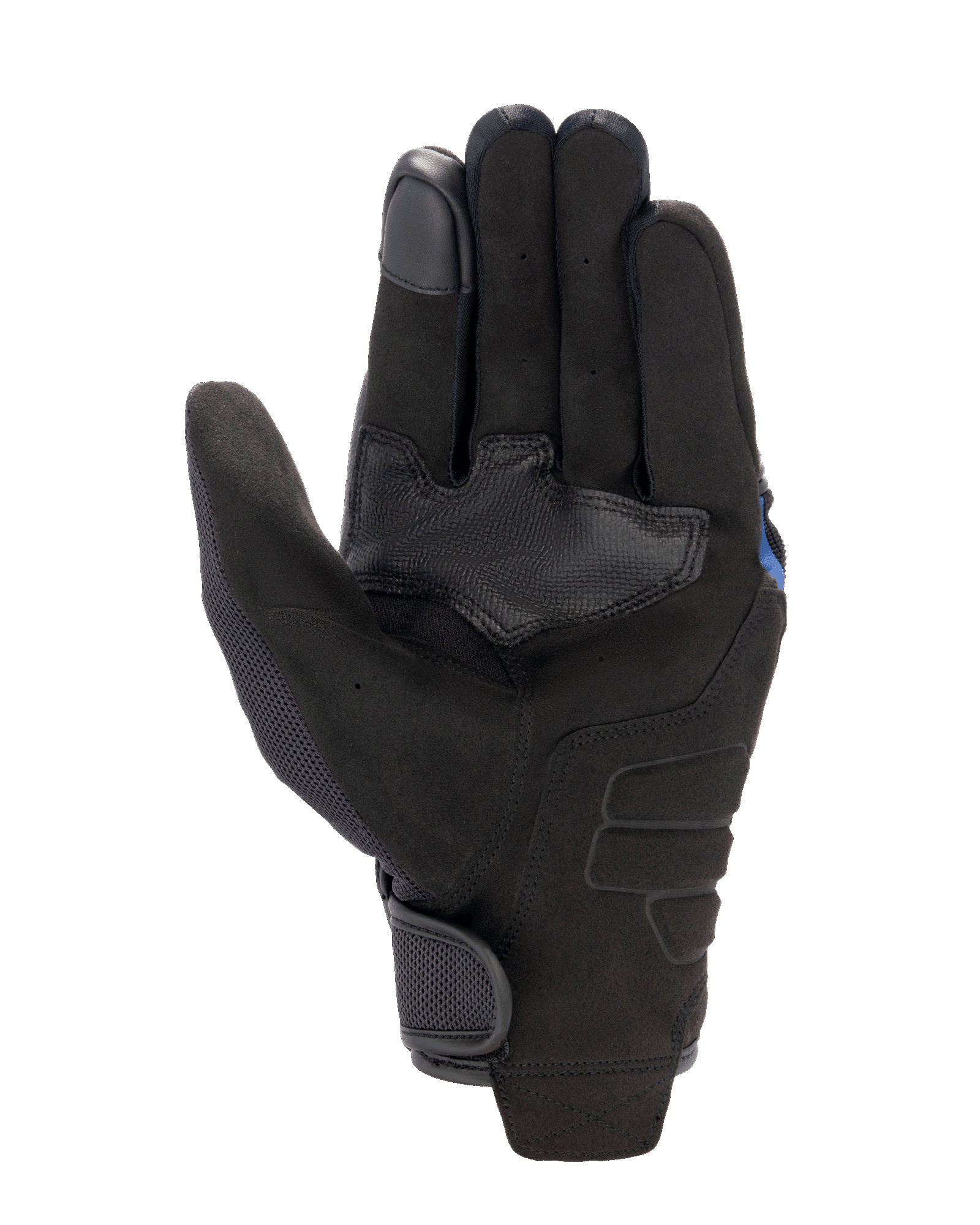 Alpinestars FQ20 Copper Handschuhe, Urbane Motorradhandschuhe, Schwarz, Handflächenansicht mit synthetischem Wildledermaterial, strukturiertem Grip-Verstärkungspatch, Mesh-Einsätzen am Daumen und einem Klettverschluss am Handgelenk.