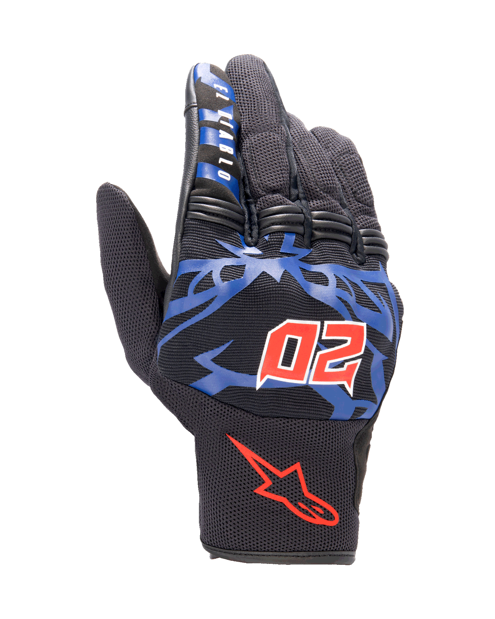 Alpinestars FQ20 Copper Handschuhe, urbane Motorradhandschuhe, Schwarz mit blauen Grafiken und leuchtend roten Akzenten, mit der roten gehörnten Nummer 20 und „El Diablo“-Schriftzug auf dem Zeigefinger, Mesh-Gewebe-Konstruktion mit kurzem Stulpendesign