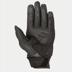 Alpinestars Mustang V2 Handschuhe, schwarze Motorradhandschuhe aus Leder, Handflächenansicht mit perforiertem Leder, Verstärkungen aus synthetischem Wildleder und Klettverschluss am Handgelenk, urbane Straßenausrüstung