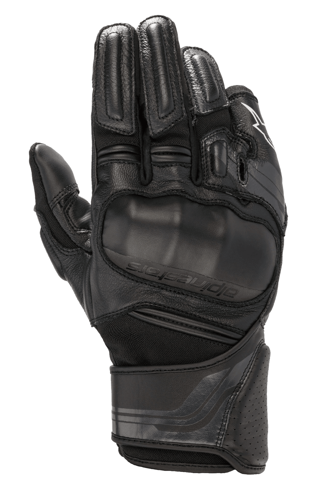 Alpinestars Booster V2 Gloves, Black Motorcycle Gloves, featuring an over-molded viscoelastic knuckle guard, multi-panel leather and textile construction, padded finger protection, perforated leather cuff, and adjustable wrist strap