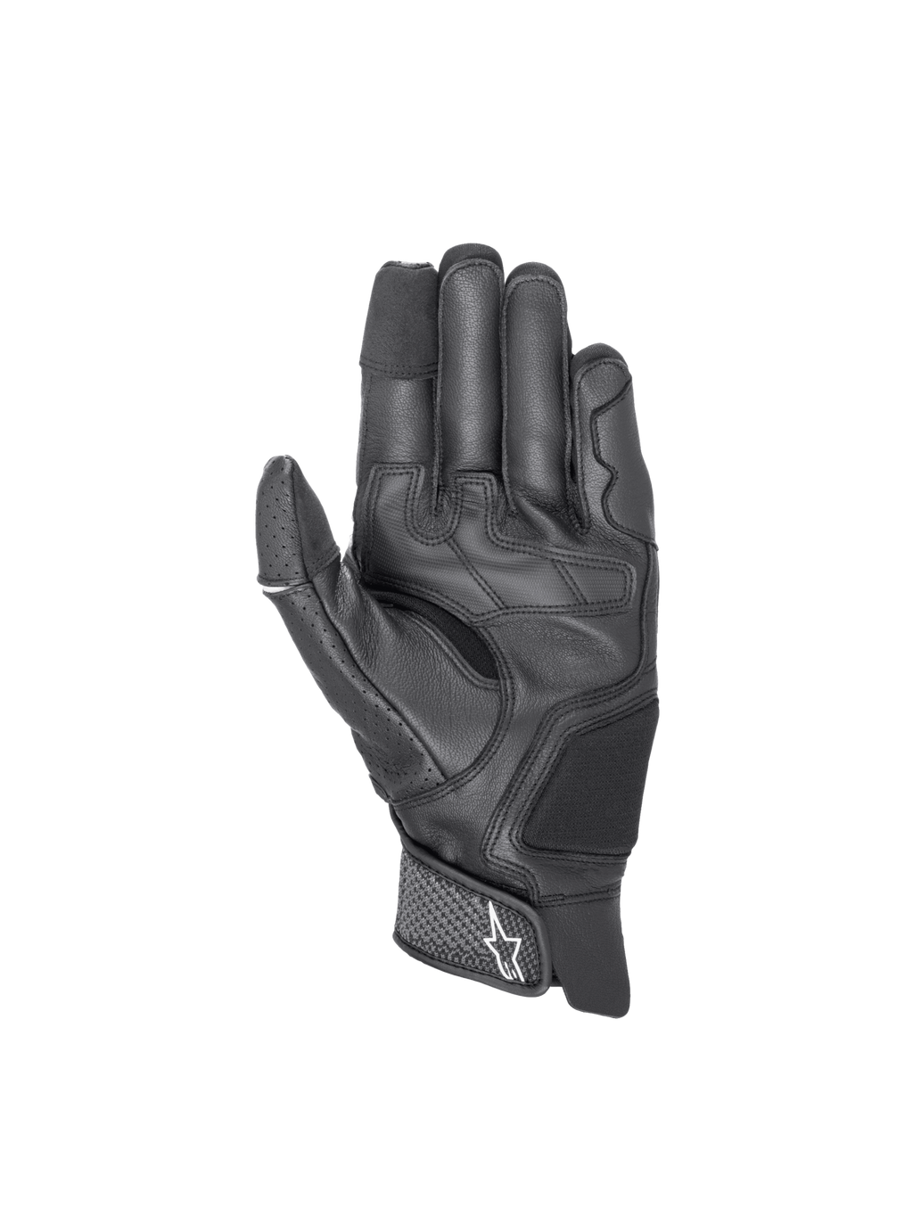 Alpinestars Morph Sport Handschuhe, schwarze Motorrad-Sporthandschuhe aus Leder und Textil mit Touchscreen-Fingerspitzen.