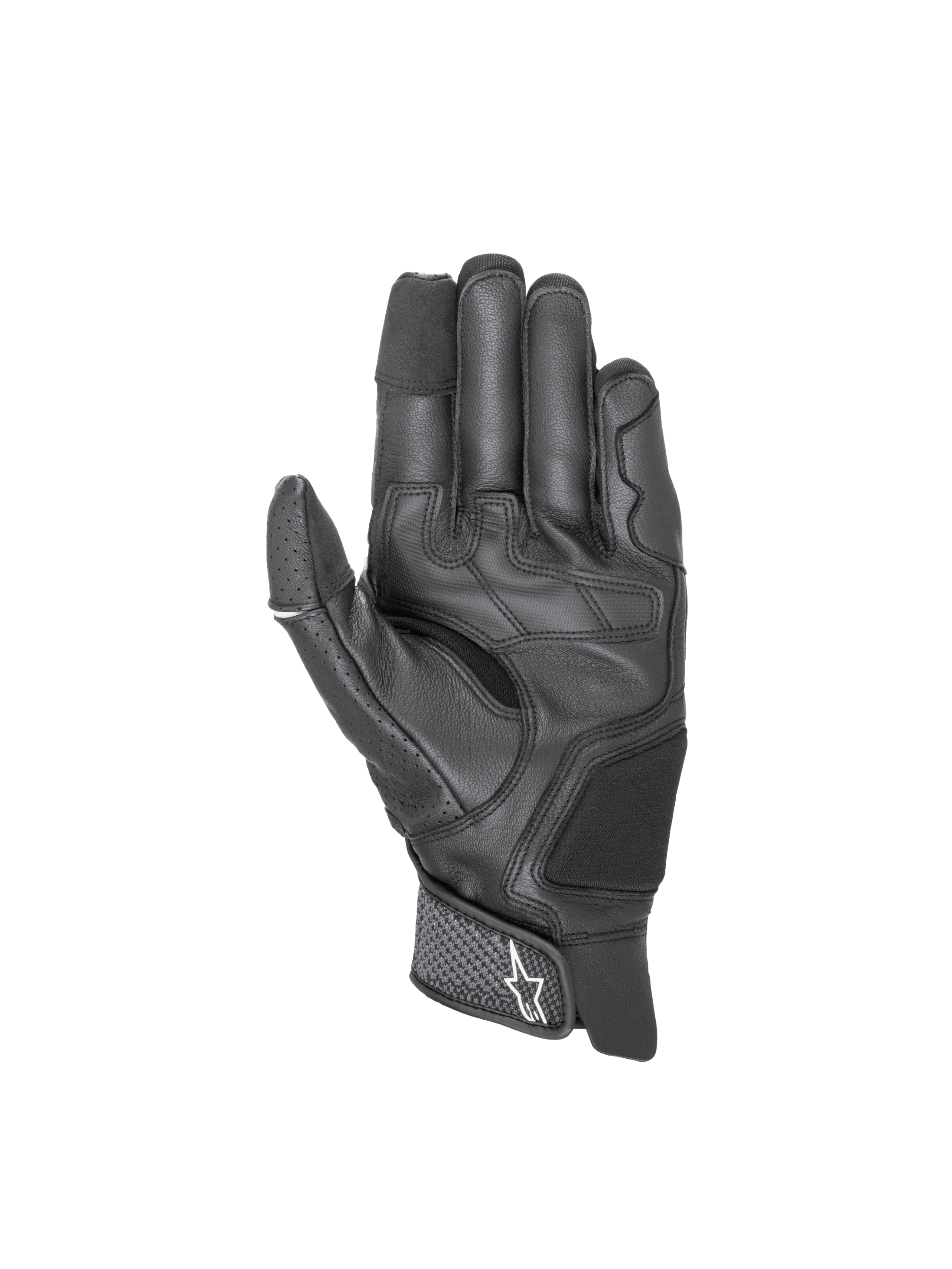 Alpinestars Morph Sport Handschuhe, schwarze Motorrad-Sporthandschuhe aus Leder und Textil mit Touchscreen-Fingerspitzen.