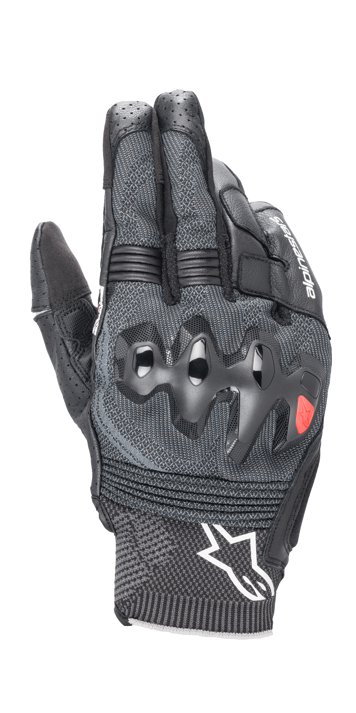 Alpinestars Morph Sport Gloves, Motorcycle Riding Gloves, Black and Gray, over-injected dual-density knuckle protection, textured MorphTech Weave™ backhand with RIDEKNIT® inserts, and white Astar logo on the cuff