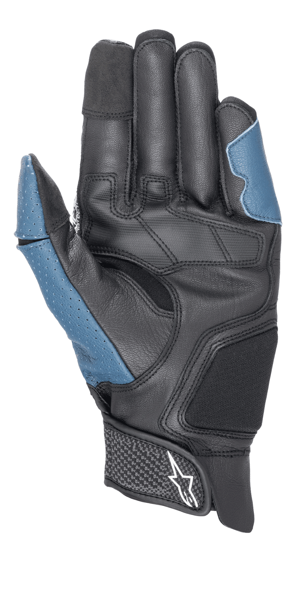 Alpinestars Morph Sport Handschuhe, Handflächenansicht, Schwarz und Blau Sodalite, mit verstärkter Lederinnenhand, perforierten blauen Einsätzen an Daumen und Außenseite, kurzer Stulpe mit Klettverschluss und Alpinestars-Logo, Performance-Ausrüstung für Sport- und Straßenfahrten