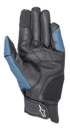 Alpinestars Morph Sport Handschuhe, Handflächenansicht, Schwarz und Blau Sodalite, mit verstärkter Lederinnenhand, perforierten blauen Einsätzen an Daumen und Außenseite, kurzer Stulpe mit Klettverschluss und Alpinestars-Logo, Performance-Ausrüstung für Sport- und Straßenfahrten