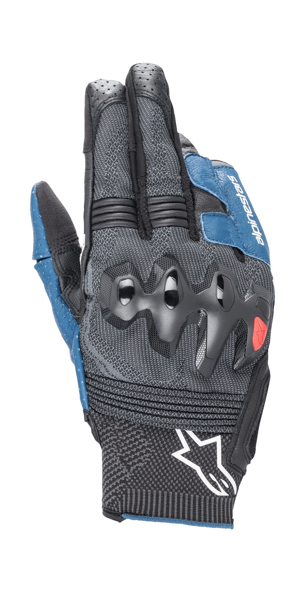 Alpinestars Morph Sport Handschuhe, Motorradhandschuhe, Schwarz und Blau Sodalith, mit überinjiziertem Knöchelschutz, MorphTech Weave Handrücken mit RIDEKNIT-Einsätzen, weißes Stern-Logo an der Manschette, technisches strukturiertes Gewebe für Straßenrennsport