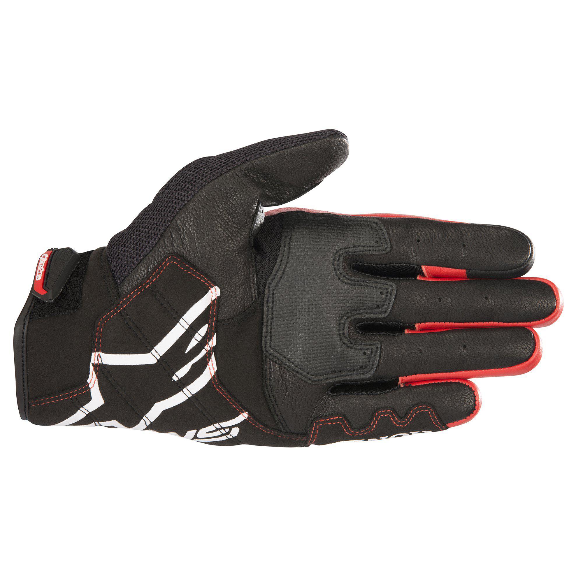 Alpinestars Honda SMX-2 Air Carbon V2 Handschuhe, Motorradhandschuhe, Schwarz und Rot, Handflächenansicht mit Lederkonstruktion und 3D-Mesh, weißem Alpinestars-Logo, verstärkten Handflächen- und Daumenbereichen für besseren Grip, kurzes Manschettendesign