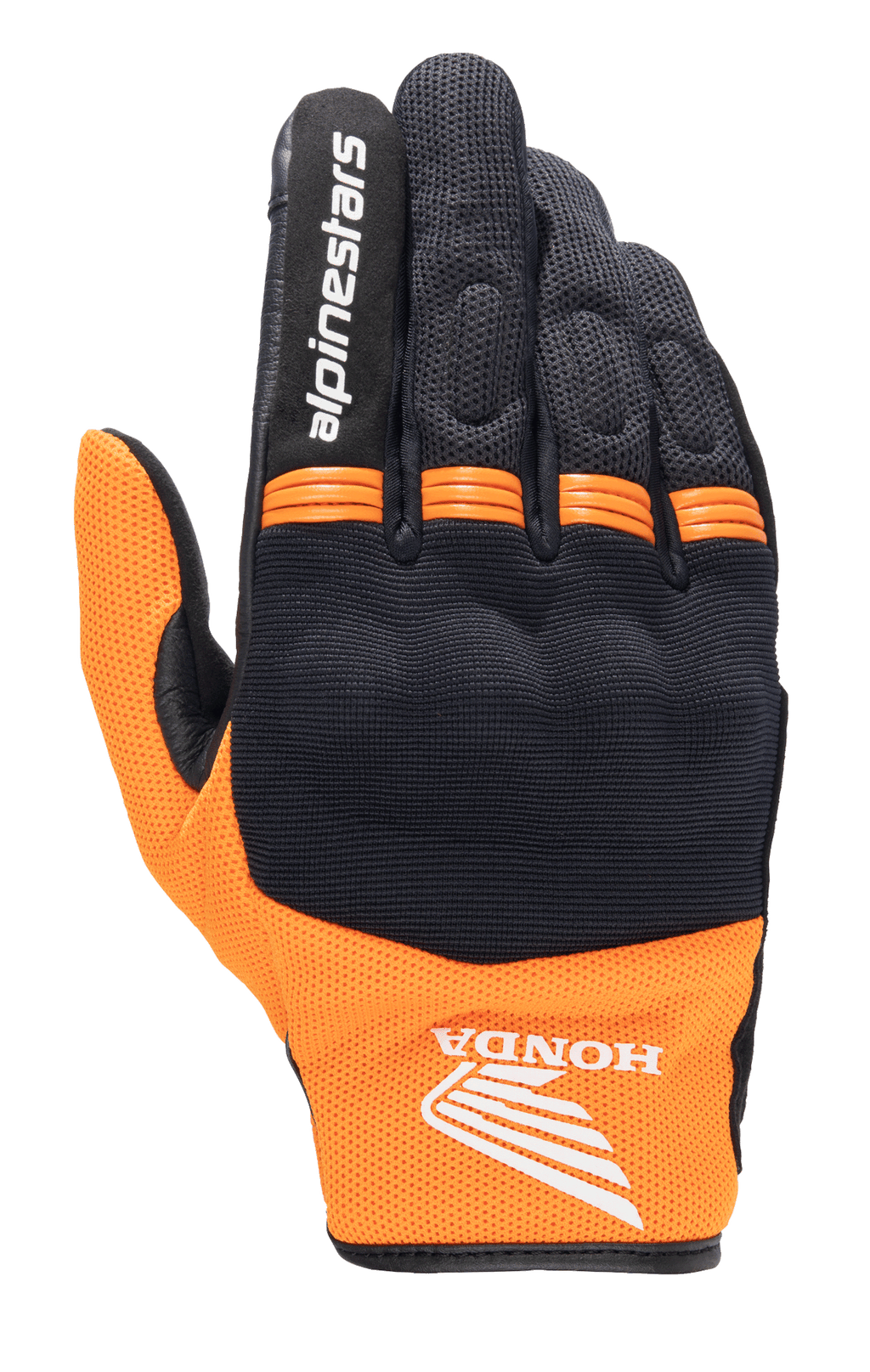 Alpinestars Honda Copper Glove, Lightweight Urban Motorcycle Glove, Black and Orange, featuring the Honda wing logo on the wrist, Alpinestars text on the index finger, mesh construction, and orange accordion panels on knuckles.
