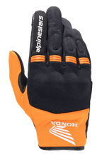 Alpinestars Honda Copper Glove, Lightweight Urban Motorcycle Glove, Black and Orange, featuring the Honda wing logo on the wrist, Alpinestars text on the index finger, mesh construction, and orange accordion panels on knuckles.
