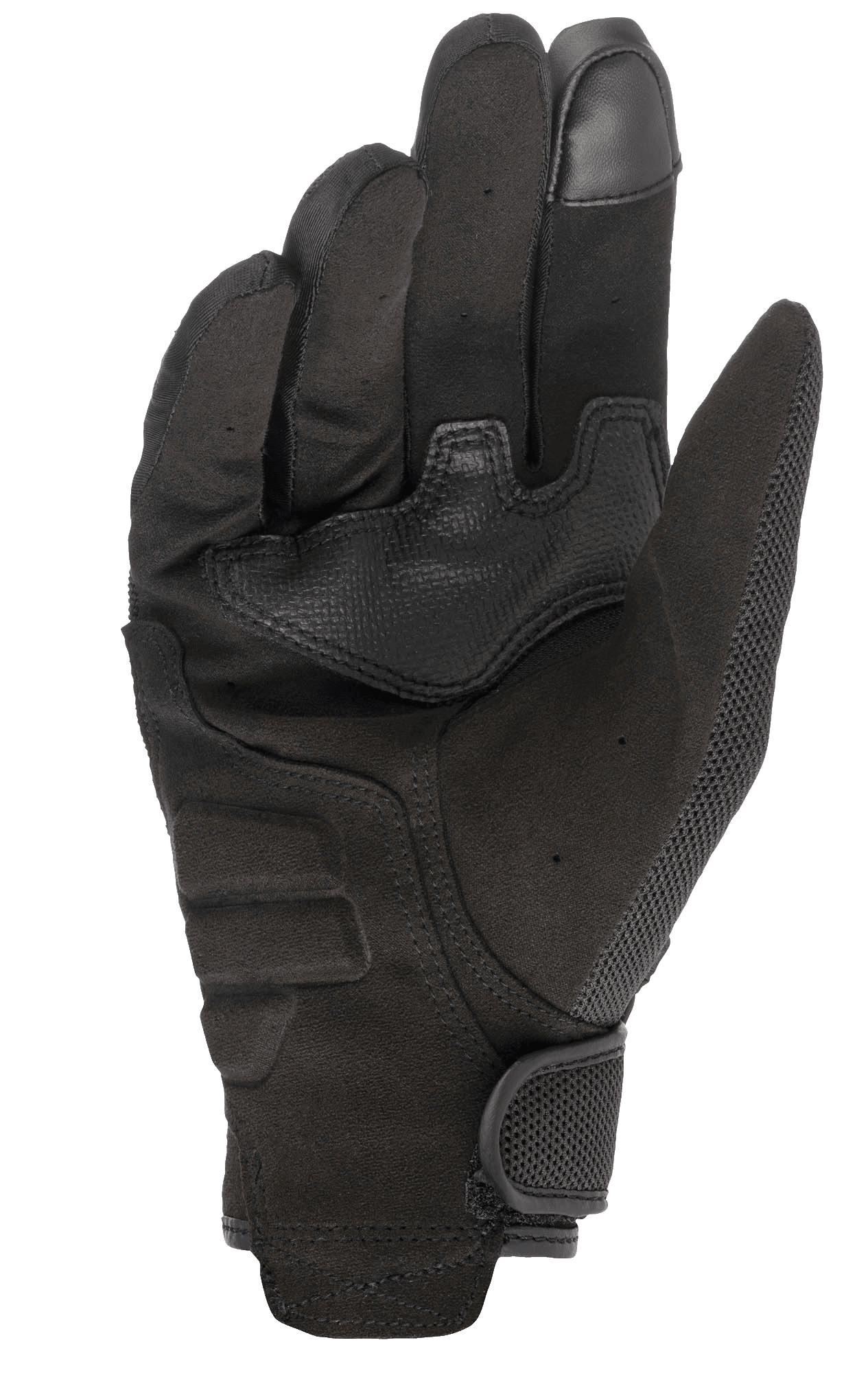 Alpinestars Copper Handschuhe, Urbane Motorradhandschuhe, Schwarz, Ansicht der Handfläche aus synthetischem Wildleder, touchscreen-kompatible Fingerspitze, verstärkte Polsterung der Handfläche und sicherer Klettverschluss am Handgelenk