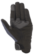 Alpinestars Copper Handschuhe, Motorradhandschuhe, Mood Indigo, Handflächenansicht mit einer Konstruktion aus vollsynthetischem Wildleder, verstärkter Polsterung, Touchscreen-kompatibler Fingerspitze und Mesh-Einsatz am Daumen für leichten urbanen Schutz.