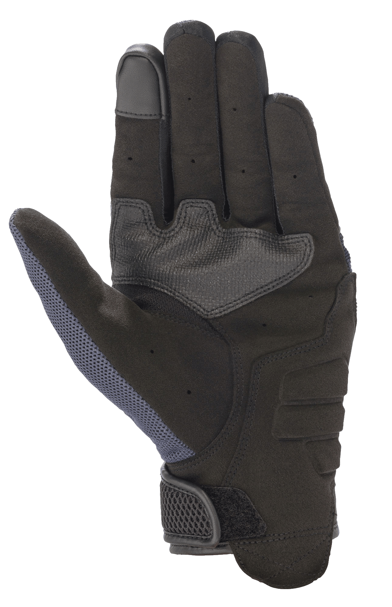 Alpinestars Copper Handschuhe, Motorradhandschuhe, Mood Indigo, Handflächenansicht mit einer Konstruktion aus vollsynthetischem Wildleder, verstärkter Polsterung, Touchscreen-kompatibler Fingerspitze und Mesh-Einsatz am Daumen für leichten urbanen Schutz.
