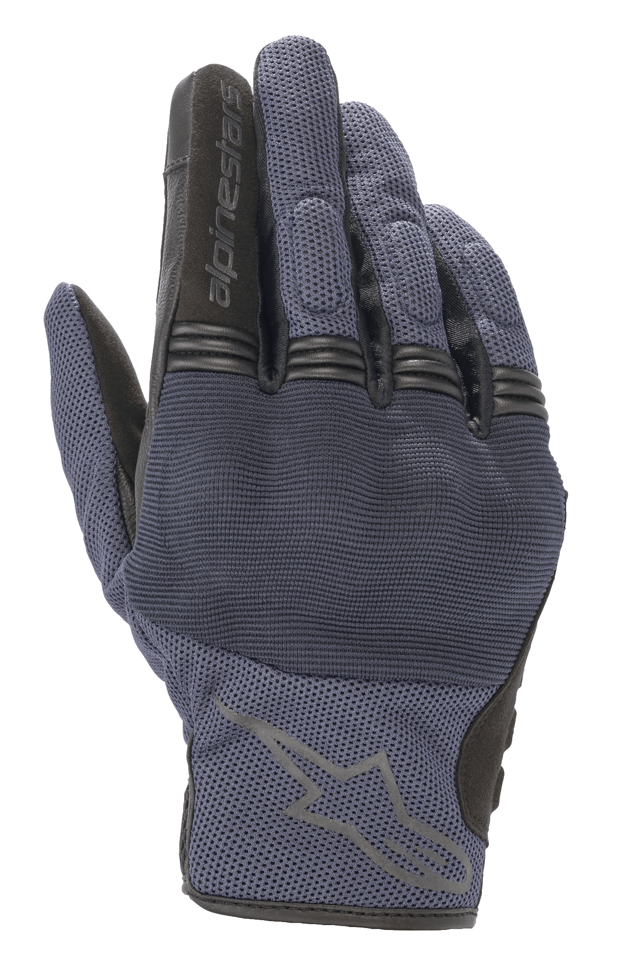 Alpinestars Copper Handschuhe, urbane Motorradhandschuhe, Mood Indigo Blau mit schwarzen Akzenten, Mesh-Textilkonstruktion, mit Hartschalen-Knöchelschutz und Akkordeon-Fingergelenken, Alpinestars-Logo auf dem Handrücken