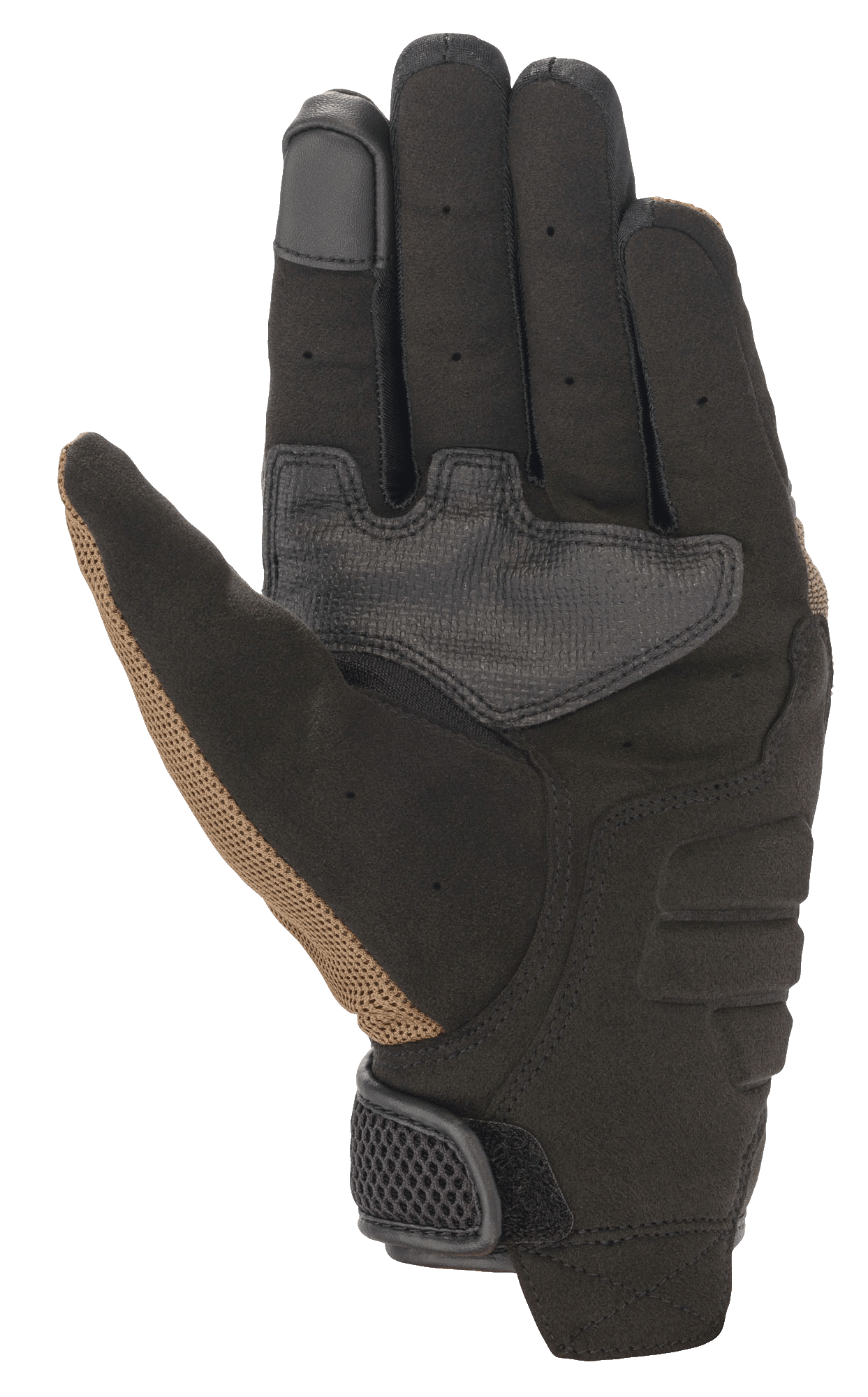 Alpinestars Copper Handschuhe, Urbane Motorradhandschuhe, Teak und Schwarz, Handflächenansicht mit synthetischer Wildlederkonstruktion, verstärkten Grip-Einsätzen, Touchscreen-kompatibler Fingerspitze und perforierten Fingerdetails