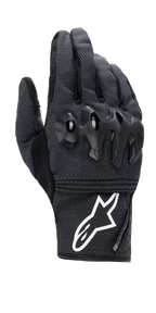 Alpinestars Morph Street Gloves, Black Short-Cuff Motorcycle Gloves, Textured MorphTech Weave fabric with glossy black knuckle protection, prominent white logo on cuff, urban riding gear