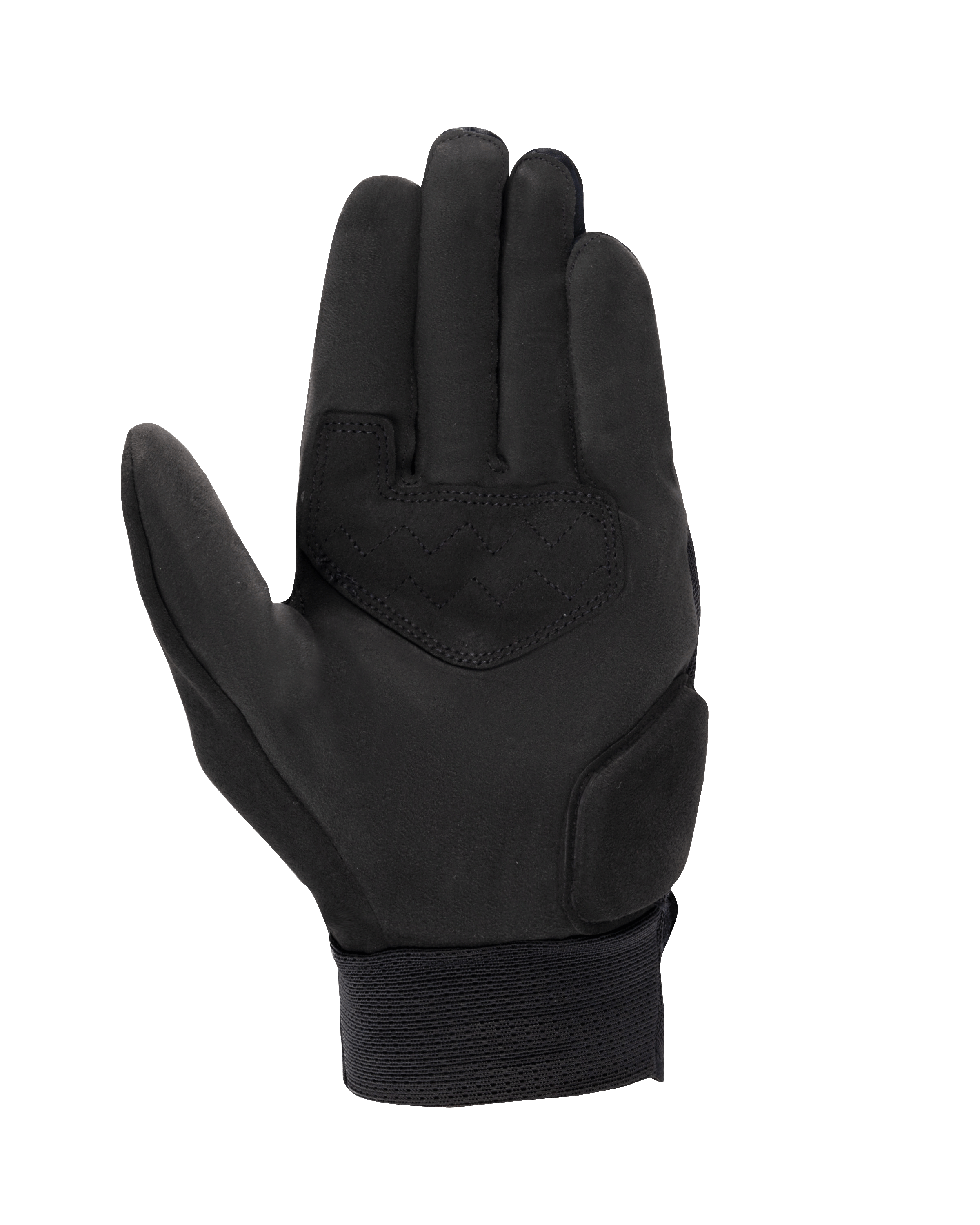 Alpinestars Stated Air Handschuhe, Motorradhandschuhe, Schwarz, Handflächenansicht mit synthetischer Wildlederkonstruktion, verstärktem Handflächenbesatz mit Zickzack-Nähten und geripptem elastischem Handgelenksbündchen, urbane Sommer-Fahrausrüstung