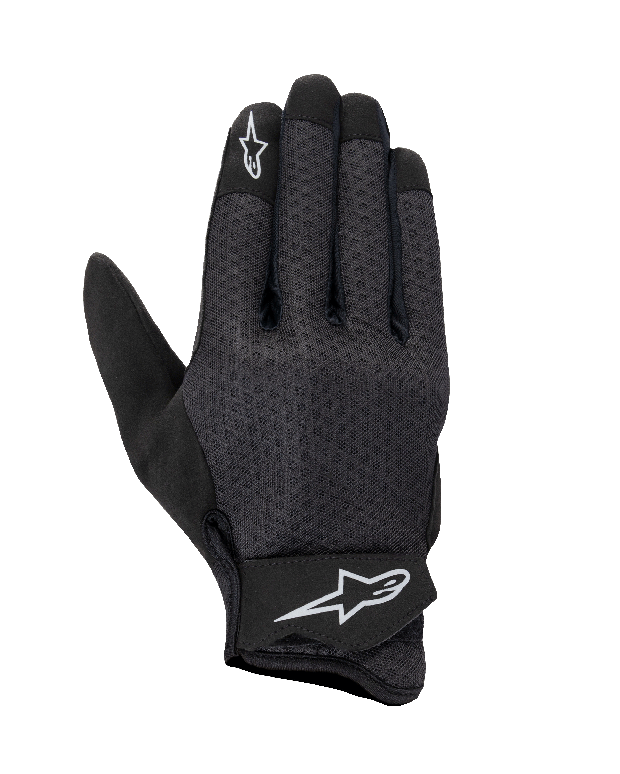 Alpinestars Stated Air Gloves, Motorradhandschuhe, Schwarz, Mesh-Handrücken für maximale Belüftung, weiße Stern-Logos auf dem Zeigefinger und am Handgelenkverschluss, verstellbarer Klettverschluss, leichtes Synthetikmaterial, stromlinienförmiges urbanes Design